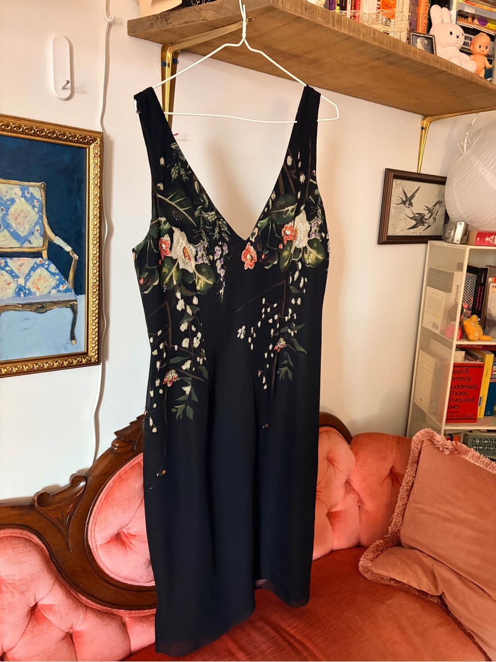 Papell Boutique Black V-Neck Midi Dress with Floral Embroidery